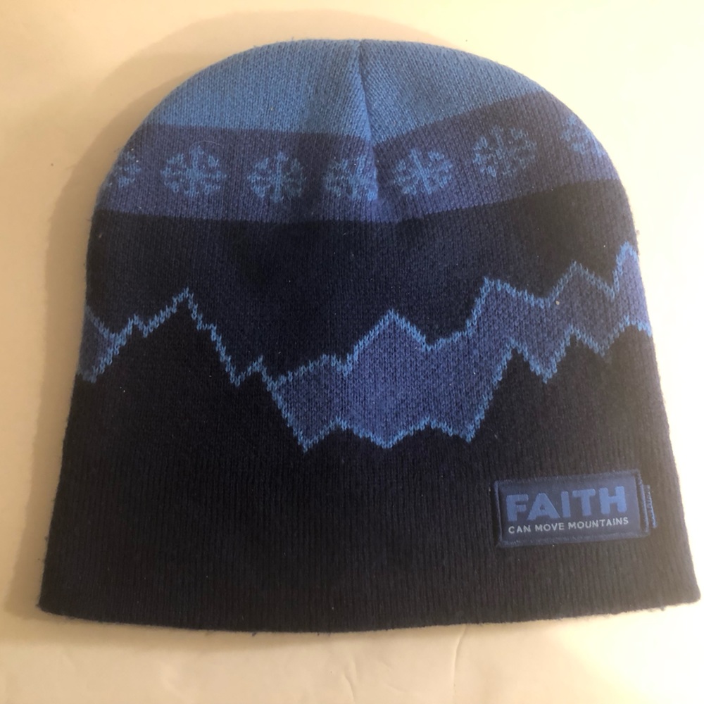 Kerusso 2 Tone Blue Knit Hat Says “ Faith Can Move Mountains “